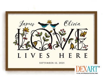 Arte de pared con estilo rústico, regalo de boda personalizado para parejas, "El amor vive aquí", regalos para baby shower, decoración bohemia, arte de pared para aniversario