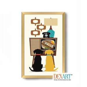 Dog Art Print, Labrador Retriever, Barky Bunch, Retro TV Show Mid Century Modern Wall Art, Dog Lover Gift, Dog Mom, Golden Retriever