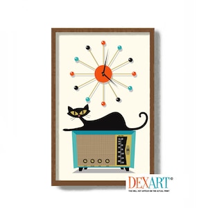 May include: A mid-century modern style illustration of a black cat sitting on top of a vintage radio with a large atomic clock behind it. The clock has a yellow face with orange and turquoise accents.