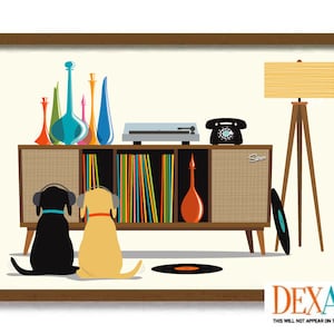 Mid Century Modern Art Print Black Dog Lover Gift, Retro Sideboard, Black Lab, Vinyl Record Storage, Record Player, Black Labrador Retriever