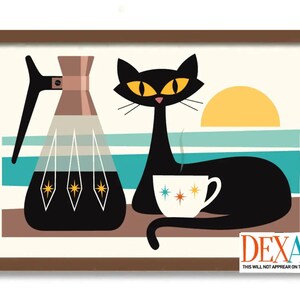 May include: A black cat with yellow eyes sits with a cup of coffee in front of a retro-style coffee pot. The background features a stylized sunrise and blue and teal stripes.