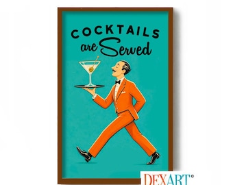Vintage Bartender Wall Art Print, Martini Decor, Signature Cocktail Poster, Mid Century Modern Art Bar Sign, Bartender Gift, Bar Sign