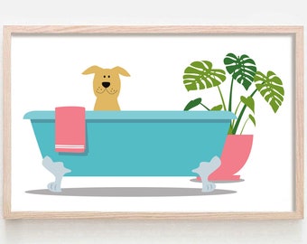 Labrador Retriever, Mid Century Modern Art, Dog Wall Art, Yellow Lab, Dog Lover Gift Idea, Bathroom Decor, Claw Foot Tub, Bath Time,