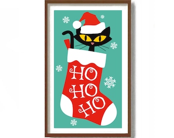 Cat Christmas Stocking Art Print, Secret Santa Claus Gift, Christmas Decor, Cat Lover Gift, Mid Century Modern Art, Black Cat Print