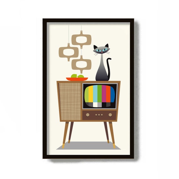 Siamese Cat Art, Cat Lover Gift, Mid Century Modern Art, Black and White Cat Art Print, Old Television, Retro TV, Veterinarian Gift