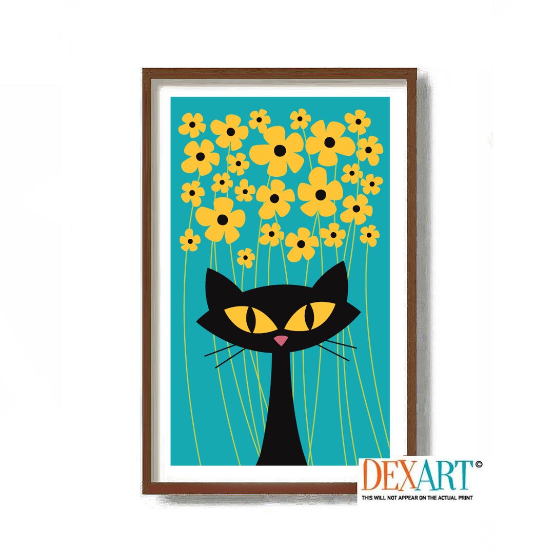 Cats and Flowers, Black Eyed Susan Flower Art Print, Mid Century Modern