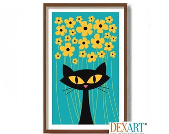 Cats and Flowers, Black Eyed Susan Flower Art Print, Mid Century Modern Art, Black Cat Lover Gift, Wall Art, Atomic Cat, Floral Print