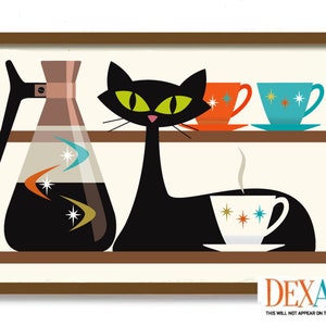 Mid Century Modern Cat and Kitchen Art Print, Wall Art, Black Cat Lover Gift, Coffee Lover Gift, Retro Coffee Pot, DexMex Atomic Star Decor