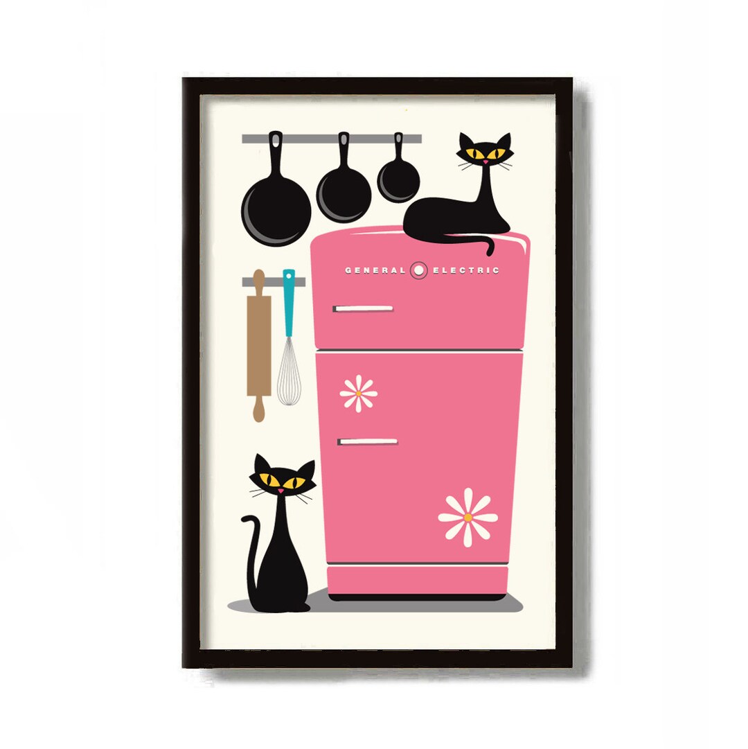 Mid Century Modern Kitchen Wall Art Print, Retro Refrigerator, Black