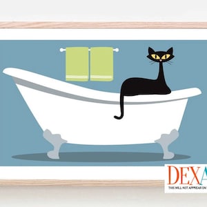 Mid Century Modern Wall Art, Cat Art Print, Cat Bathroom Decor, Black Cat Lover Gift Idea, Claw Foot Tub, Cat Poster, Crazy Cat Lady