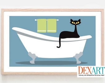 Mid Century Modern Wall Art, Cat Art Print, Cat Bathroom Decor, Black Cat Lover Gift Idea, Claw Foot Tub, Cat Poster, Crazy Cat Lady