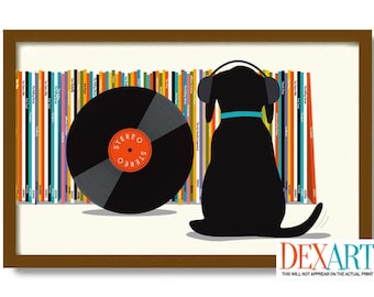 Arte moderno de mediados de siglo, impresión de arte de perro negro, aparador retro, almacenamiento de discos de vinilo, tocadiscos Labrador Retriever coleccionista de discos