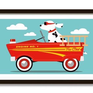 Dalmatian Art Print, Fire Fighter Gift, Fireman Little Man Cave Decor, Mid Century Modern Wall Art Print Toy Pedal Car, Dog Lover Gift