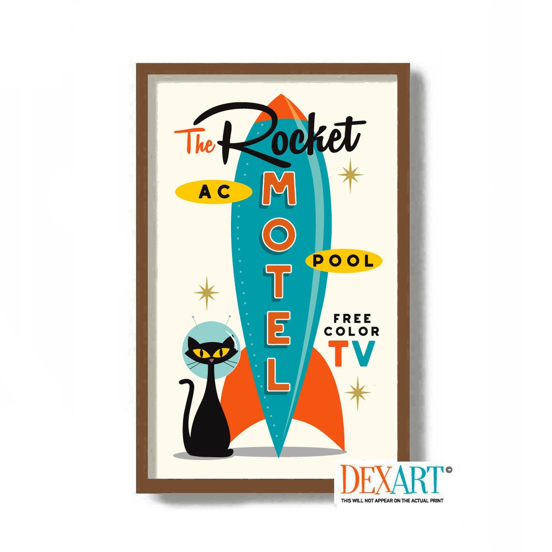 Atomic Black Cat Space Art Print, Rocket Ship Motel Sign, Mid