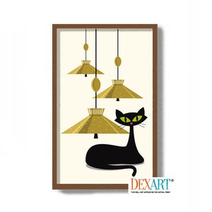 Mid Century Modern Atomic Black Cat Art Print, Retro Pull Down Light Fixture, Cat Lover Gift Cat Poster