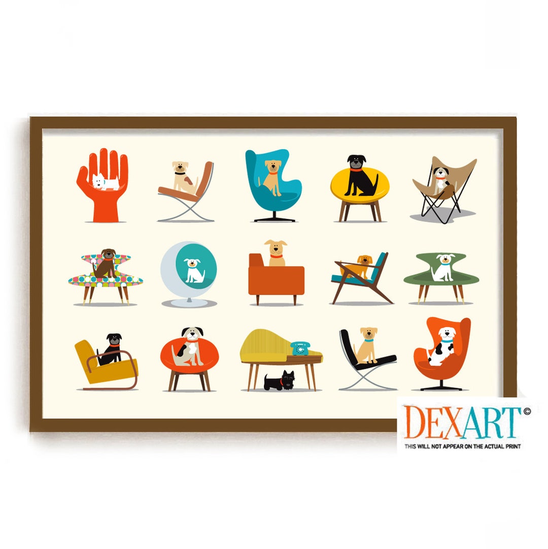 Mid Century Modern Dog and Chair Wall Art Print, Contemporary Chairs
