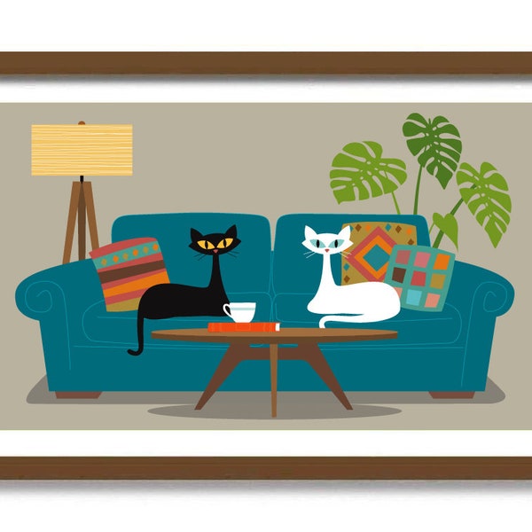Mid Century Modern Art, Black Cat Art, Cat Lover Gift Wall Art, Boho Pillows, Retro Sofa, Modern Couch Contemporary Sofa, Blue Sofa
