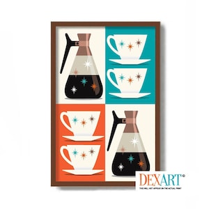 Kitchen Coffee Wall Art Print, Coffee Cup and Pot, Mid Century Modern Art, Copper Carafe Coffee Bar Sign, Retro Kitchen Decor, Atomic Art