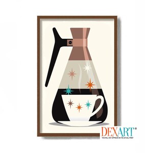 May include: A mid-century modern illustration of a coffee pot and a cup of coffee. The coffee pot is brown and black with a copper lid. The cup is white with a blue and orange star pattern. The background is a light beige.