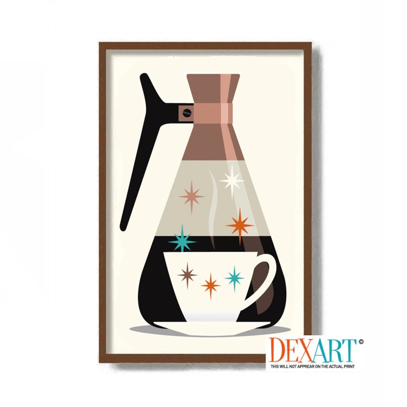 May include: A mid-century modern illustration of a coffee pot and a cup of coffee. The coffee pot is brown and black with a copper lid. The cup is white with a blue and orange star pattern. The background is a light beige.