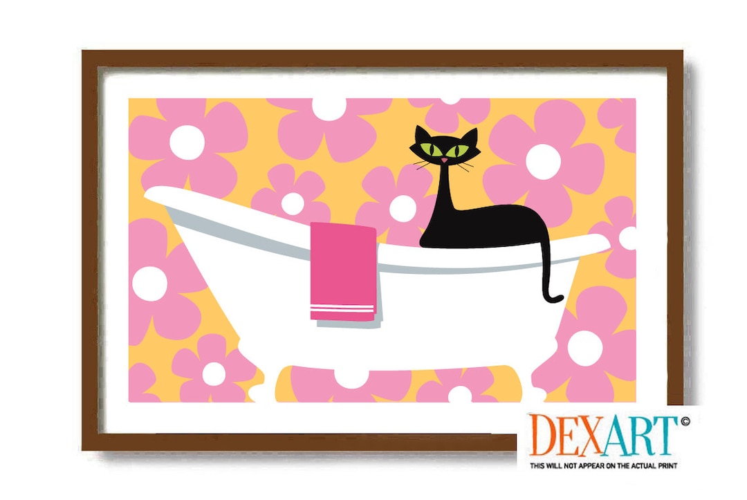 Mid Century Modern Wall Art, Cat Bathroom Art Print, Pink Atomic Black