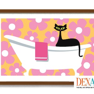 Mid Century Modern Wall Art, Cat Bathroom Art Print, Pink Atomic Black Cat, Girls Fashion Doll, Bathtub Wall Art, Bath Time, Cat Lover Gift