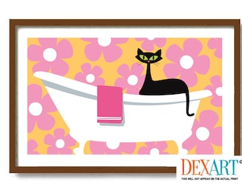 Mid Century Modern Wall Art, Cat Bathroom Art Print, Pink Atomic Black Cat, Girls Fashion Doll, Bathtub Wall Art, Bath Time, Cat Lover Gift