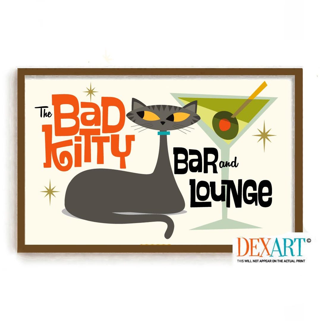 Mid Century Modern Atomic Cocktail Bar Wall Art, Tabby Cat Art Print ...
