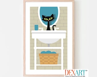 Bathroom Decor Black Cat Art Print, Cat Bath Atomic Cat, Powder Room Sign, House Cat, Mid Century Modern Art, Old Sink Wash the Cat