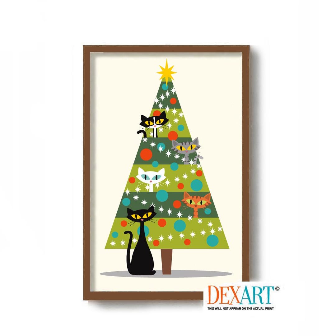 Cat Christmas Tree Art Print, Black Cat Wall Art, Holiday Decor, Cat ...
