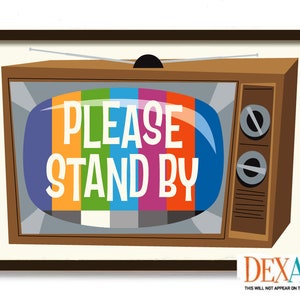May include: A vintage-style television set with a brown wooden frame and a screen displaying a colorful test pattern with the text "PLEASE STAND BY".
