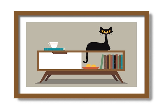 Mid Century Modern Coffee Table, Cat Lover Gift, Black Cat Art Print, Coffee Table Books, Cat Gift Idea, Veterinarian Gift, Cat Poster