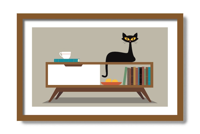 Mid Century Modern Coffee Table, Cat Lover Gift, Black Cat Art Print, Coffee Table Books, Cat Gift Idea, Veterinarian Gift, Cat Poster image 1