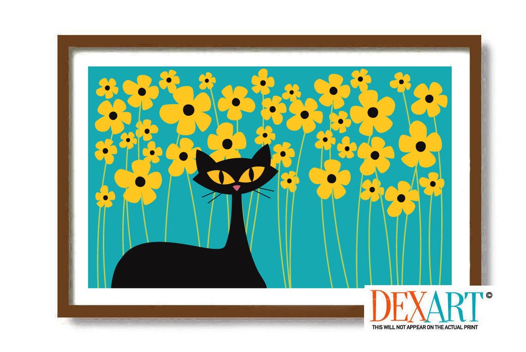 Cats and Flowers Art Print, Black Eyed Susan Flower Art, Mid Century