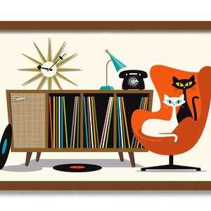 Mid Century Modern Art Print, Cat Gifts, Retro Sideboard, Black Cat Art Print, Cat Lover Gift, Vinyl Record Storage Old Record Player