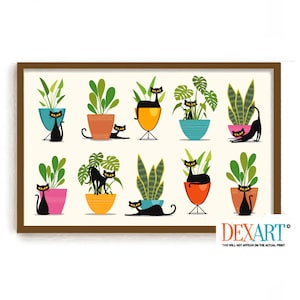 Mid Century Modern Atomic Cat and Plant Art Print, Monstera Plant, Black Cat Lover Gift, Tropical Decor, Unique Planters, Houseplants Art