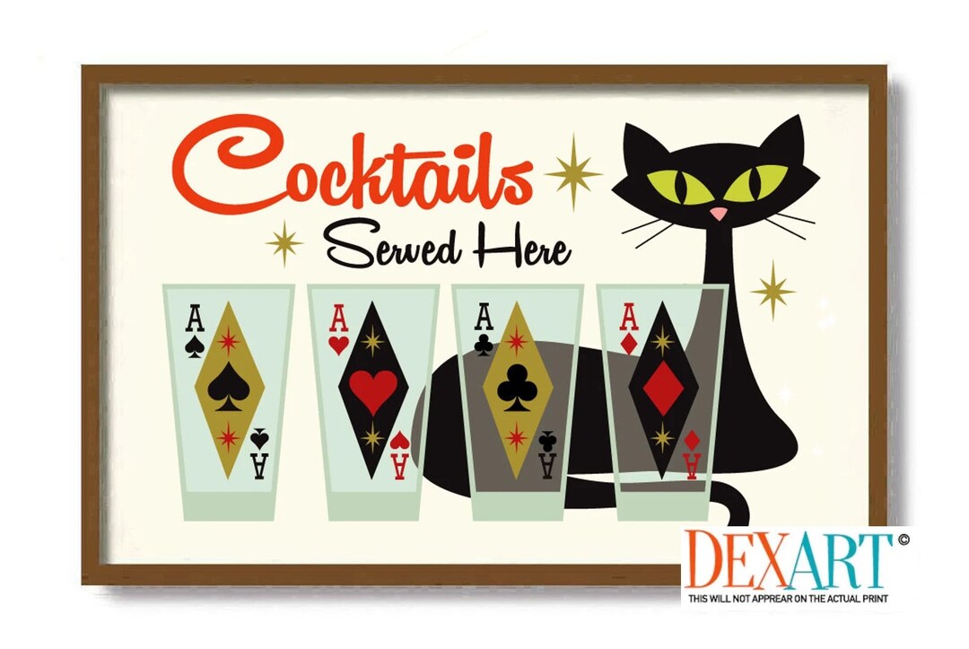 Mid Century Modern Art Vintage Cocktail Glasses and Black Cat Art Print ...
