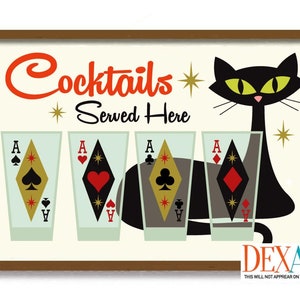 Atomic Decor Vintage Cocktail Glasses and Black Cat Art Print, Poker Playing Cards Cocktail Poster, Mid Century Modern Art, Bartender Gift