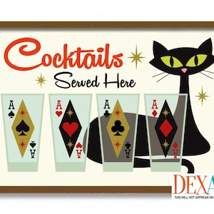 Atomic Decor Vintage Cocktail Glasses and Black Cat Art Print, Poker Playing Cards Cocktail Poster, Mid Century Modern Art, Bartender Gift