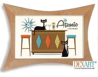 Cocktail Bar Wall Art Print, Atomic Black Cat Decor, Mid Century Modern, Bartender Gift, Bar Cart Cat Lover Gift, Cocktail Shaker