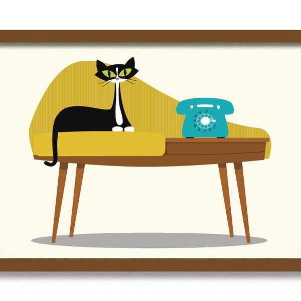 Mid Century Modern Tuxedo Cat Art Decor Telephone Chair Modern Decor Cat Art Print Design Scandinavian Design Retro Poster Contemporary
