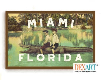 Old Florida Art Print, Personalized Alligator Wall Art, Florida Postcard, Vintage Florida Decor, Palm Tree, Florida Style, Sign Wall Decor