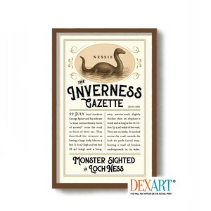 Loch Ness Monster Art Print, Nessie Art, Oddities and Curiosities, Cryptozoology, Scotland Wall Art, Sea Serpent, Nautical Decor, Newspaper