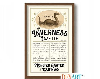 Loch Ness Monster Art Print, Nessie Art, Oddities and Curiosities, Cryptozoology, Scotland Wall Art, Sea Serpent, Nautical Decor, Newspaper