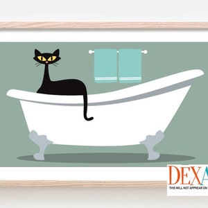 Cat Bathroom Decor, Cat Art Print, Mid Century Modern Art, Black Cat Lover Gift Idea, Claw Foot Tub, Bath Time, Cat Poster, Funny Bathroom