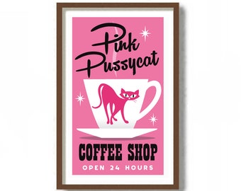 Mid Century Modern Kitchen Wall Art Print, Cat Lover Gift, Coffee Lover Gift, Cafe Sign, Atomic Art, Rat Pack, Diner Signage