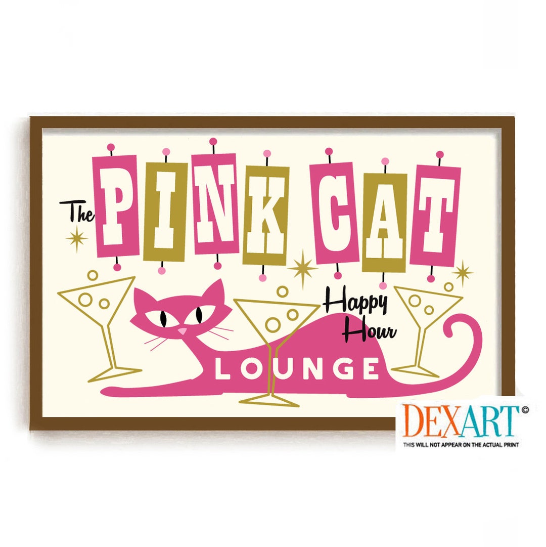Mid Century Modern Atomic Cocktail Bar Wall Art, Pink Cat Art Print ...