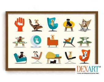 Mid Century Modern Dog Art Print, Mutt Dog Gift, Contemporary Chairs, Swan Chair, Atomic Dog Lover Gift, Dog Wall Art, Egg Chair Eames Chair