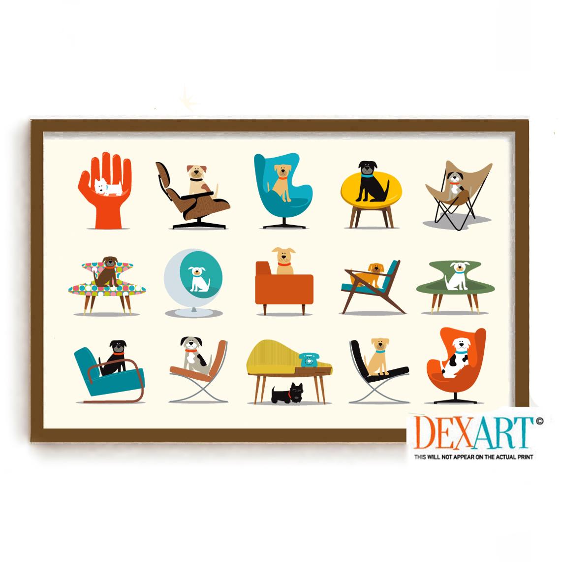 Mid Century Modern Dog Art Print, Mutt Dog Gift, Contemporary Chairs, Swan Chair, Atomic Dog Lover Gift, Dog Wall Art, Egg Chair Eames Chair