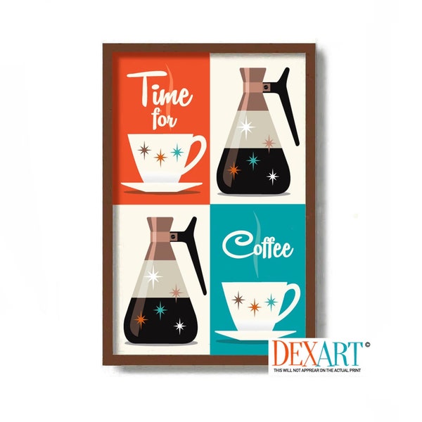 Mid Century Modern Kitchen Art, Copper Carafe, Coffee Bar Sign, Retro Kitchen Decor, Coffee Art Print, Scandinavian Design, Atomic Art